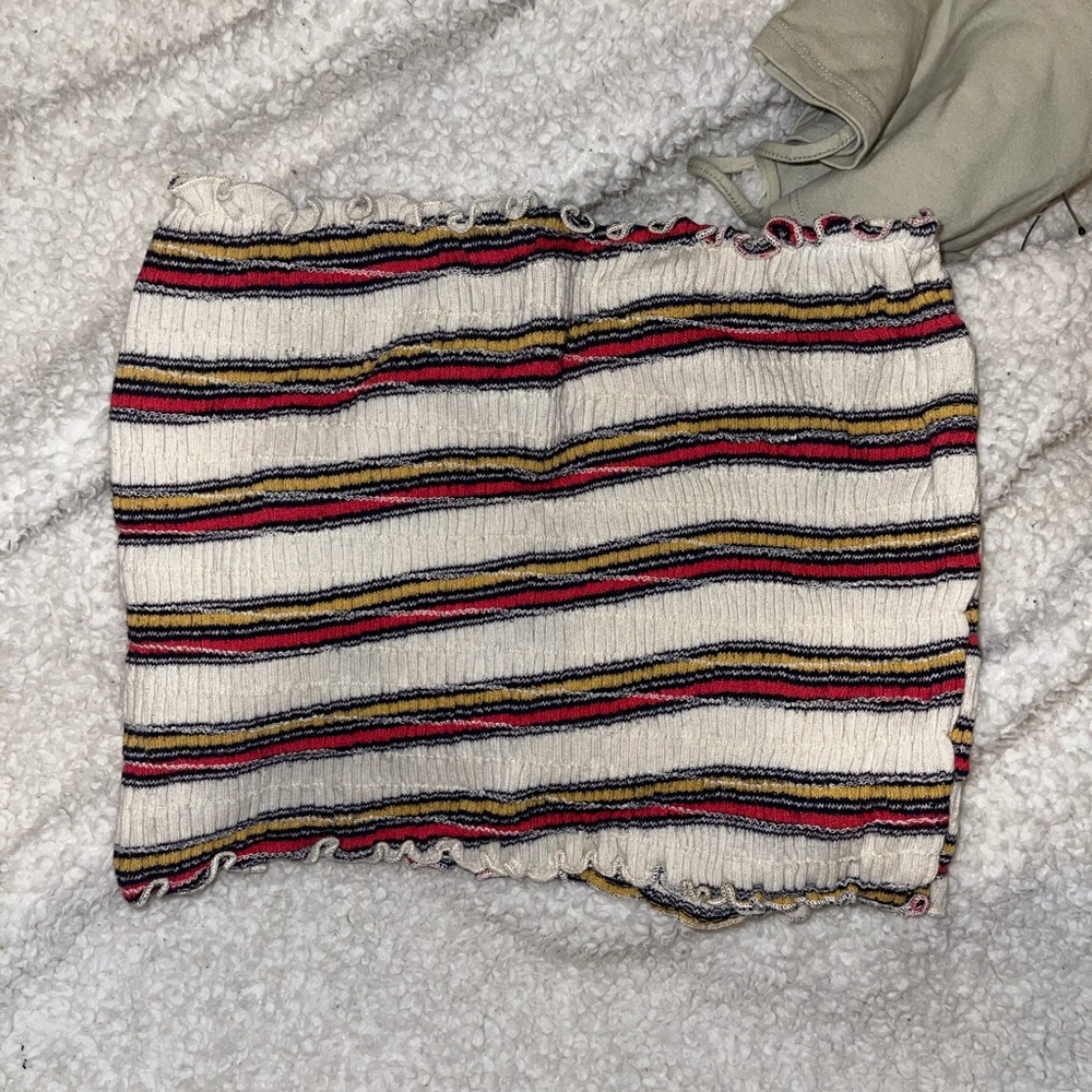 Red yellow and cream striped smocked tube top